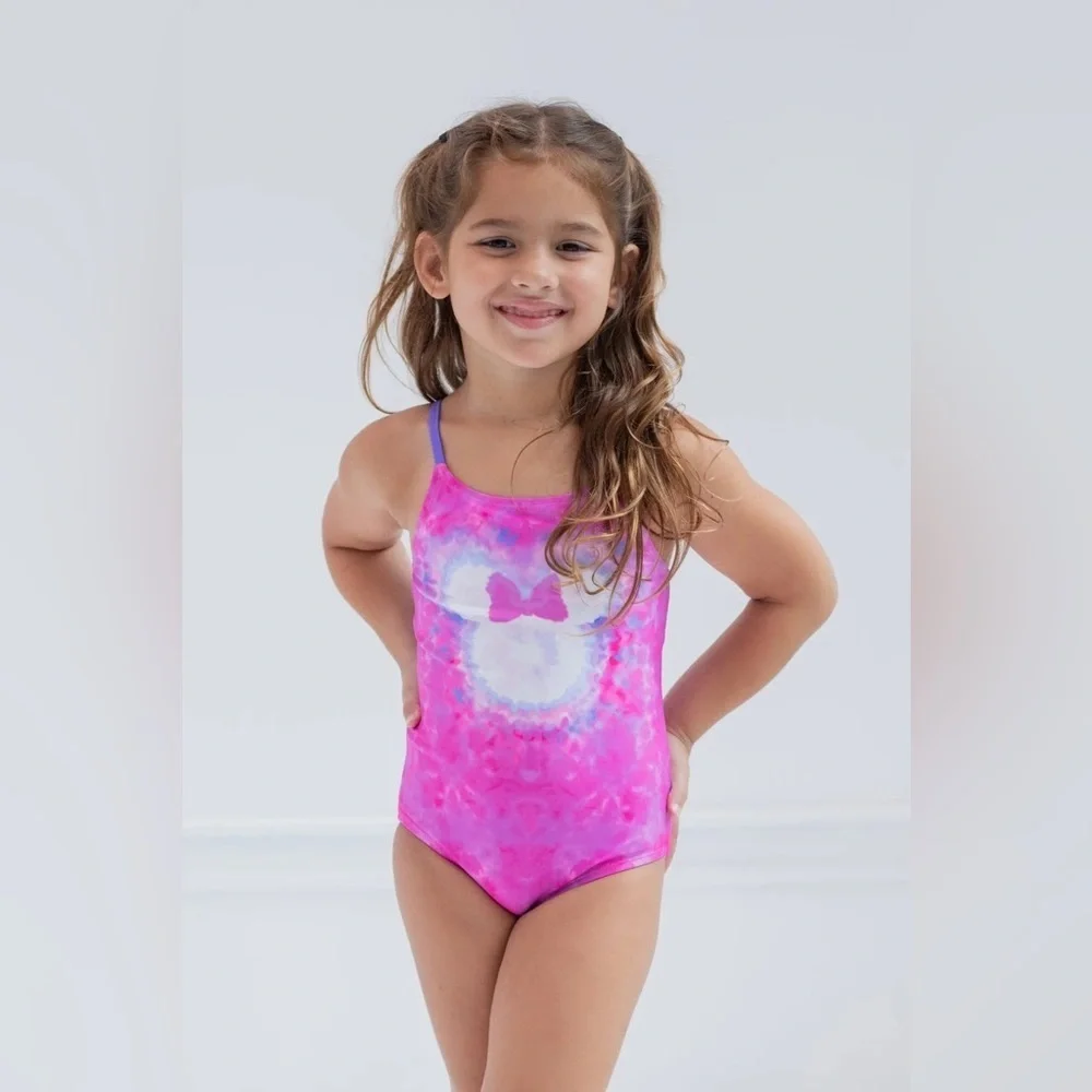 Disney Minnie Mouse Girls One Piece Bathing Suit Tie Dye Pink Bow 10/12
